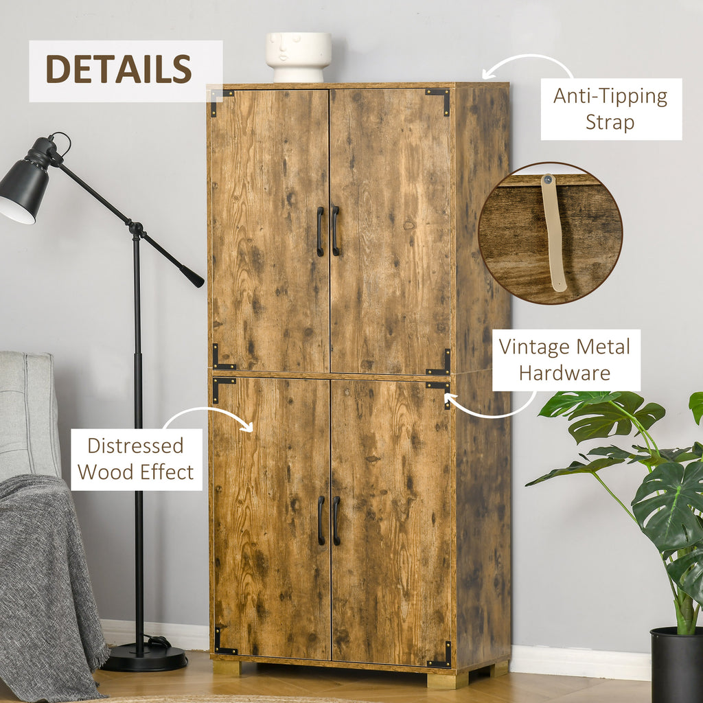 Industrial Style 4-Door Cabinet Pantry Cupboard with Storage Shelves for Bedroom and Living Room, Rustic Wood