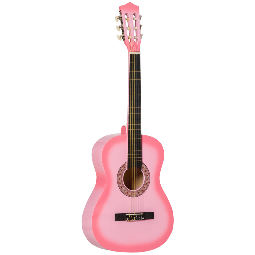 36" Classical Guitar Birch Wood Guitar Set with Gig Bag, Tuner, Strap, Strings, Picks, String Winder, for Child Beginners, Pink