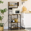 Kitchen Baker's Rack with Power Outlet, USB Charger, Microwave Stand, Coffee Bar with Adjustable Shelves, 5 Hooks for Spices, Pots and Pans, Rustic Brown