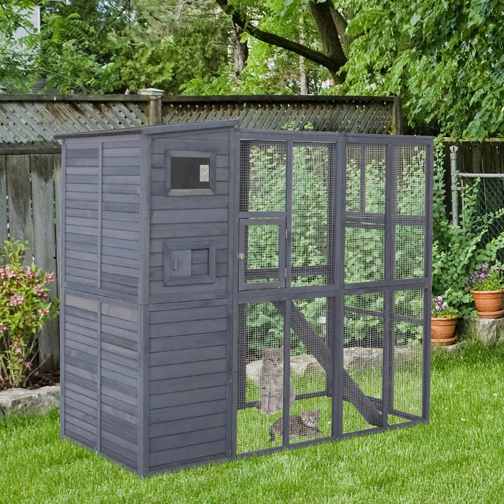 Cat House Outdoor Catio Kitty Enclosure with Platforms Run Lockable Doors and Asphalt Roof, 77" x 37" x 69", Grey