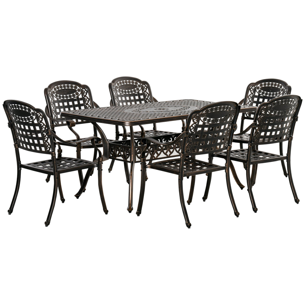 7-Piece Patio Dining Set, Cast Aluminum Outdoor Furniture Set with 6 Armchairs, 1 Table and Umbrella Hole, Bronze
