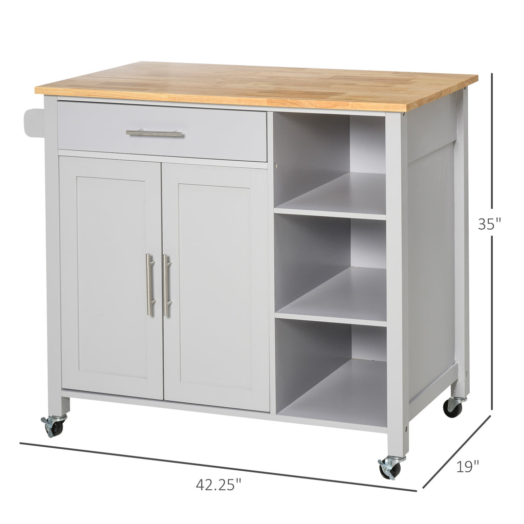 Grey Rolling Kitchen Island Cart on 360° Swivel Wheels, Wooden Kitchen Cart with Side Towel Rail and Drawer