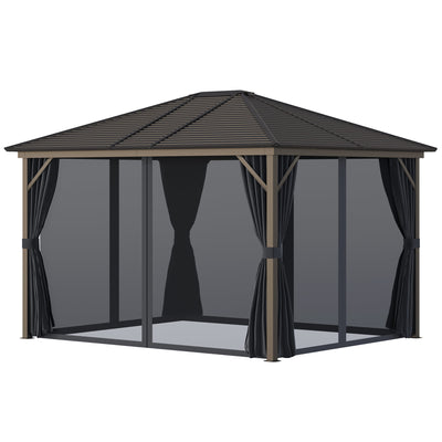 10' x12' Hardtop Gazebo with Aluminum Frame, Permanent Metal Roof Gazebo Canopy with 2 Hooks, Curtains and Netting for Garden, Dark Grey
