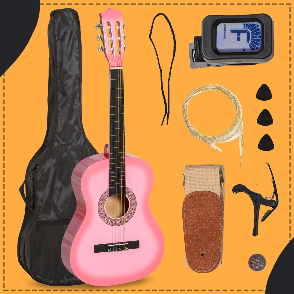 36" Classical Guitar Birch Wood Guitar Set with Gig Bag, Tuner, Strap, Strings, Picks, String Winder, for Child Beginners, Pink