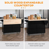 Rolling Kitchen Island on Wheels Utility Cart with Drop-Leaf and Rubber Wood Countertop, Storage Drawers, Door Cabinets, Black