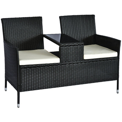 Patio Wicker Conversation Furniture Set, Outdoor Rattan 2-Seater Chair, Modern Loveseat w/ Cushions & Coffee Table for Garden, Black