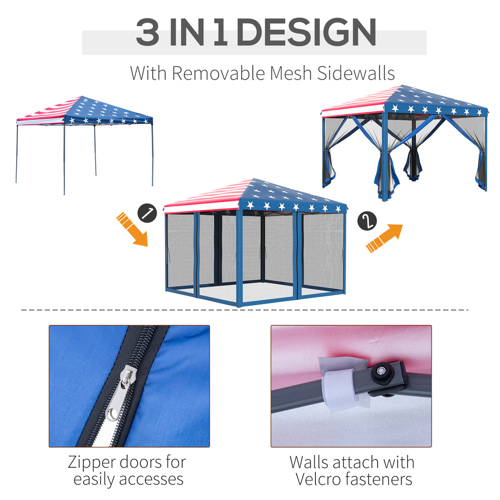 10' x 10' Heavy Duty Pop Up Canopy with Removable Mesh Sidewall Netting, Easy Setup Design, Party Event with Storage Bag, American Flag