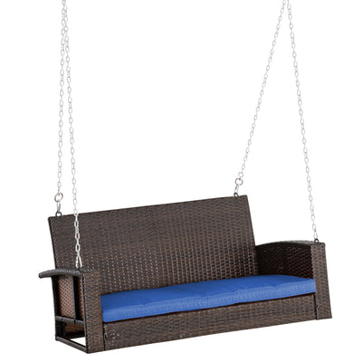 2-Person Wicker Hanging Porch Swing Bench, Front Porch Swing Outdoor Chair with Cushions 550lbs Weight Capacity for Backyard, Dark Blue