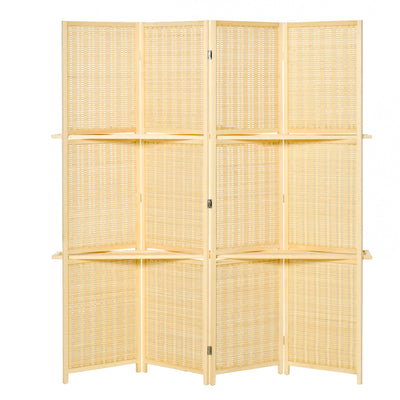 4 Panel Bamboo Room Divider, 6ft Folding Wall Divider with 2 Display Shelves for Bedroom and Office, Natural Wood