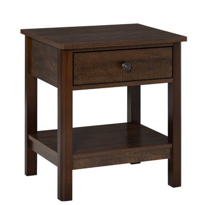 Bedside Night Stand with Drawer, Top and Bottom Shelf for Small Spaces, Dark Brown