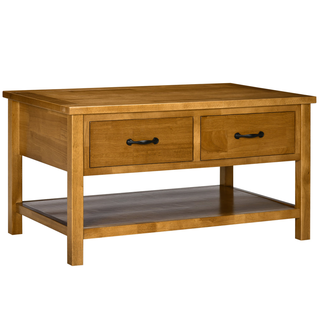 Wood Coffee Table, Cocktail Table with Drawers and Open Shelf, 37"x22.75"x20", Natural