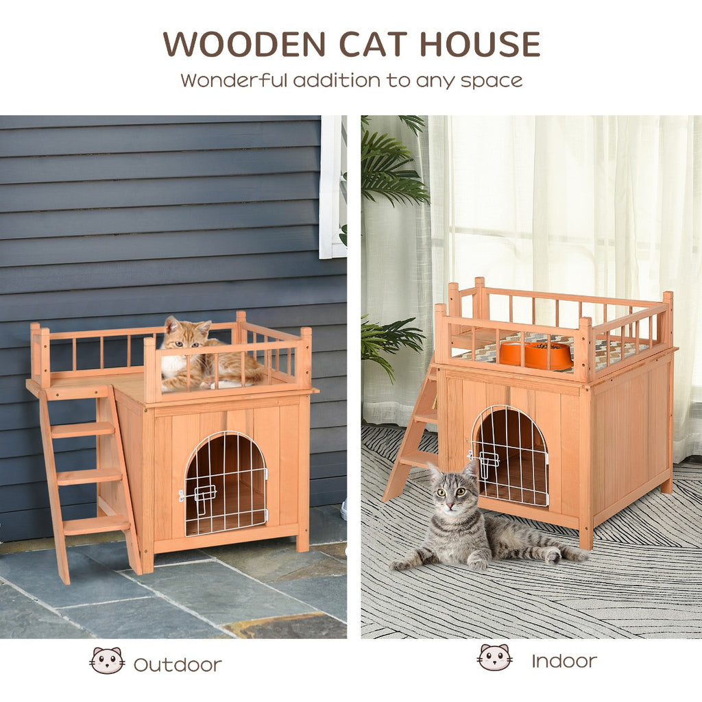 2-Level Elevated Waterproof Outdoor Wooden Treehouse Cat Shelter With Balcony, Natural Wood