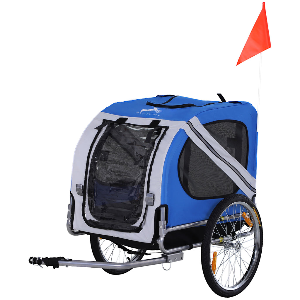 Dog Bike Trailer Pet Cart Bicycle Wagon Cargo Carrier Attachment for Travel with 3 Entrances for Off-Road & Mesh Screen - Light Blue / Grey