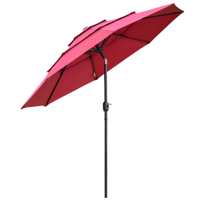 9' 3-Tier Patio Umbrella, Outdoor Market Umbrella with Crank and Push Button Tilt for Deck, Backyard and Lawn, Wine Red