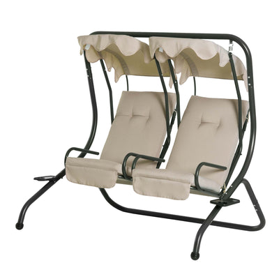 Modern 2-Seater Outdoor Patio Swing Chair, Porch Seats with Cup Holder and Removeable Canopy, Beige