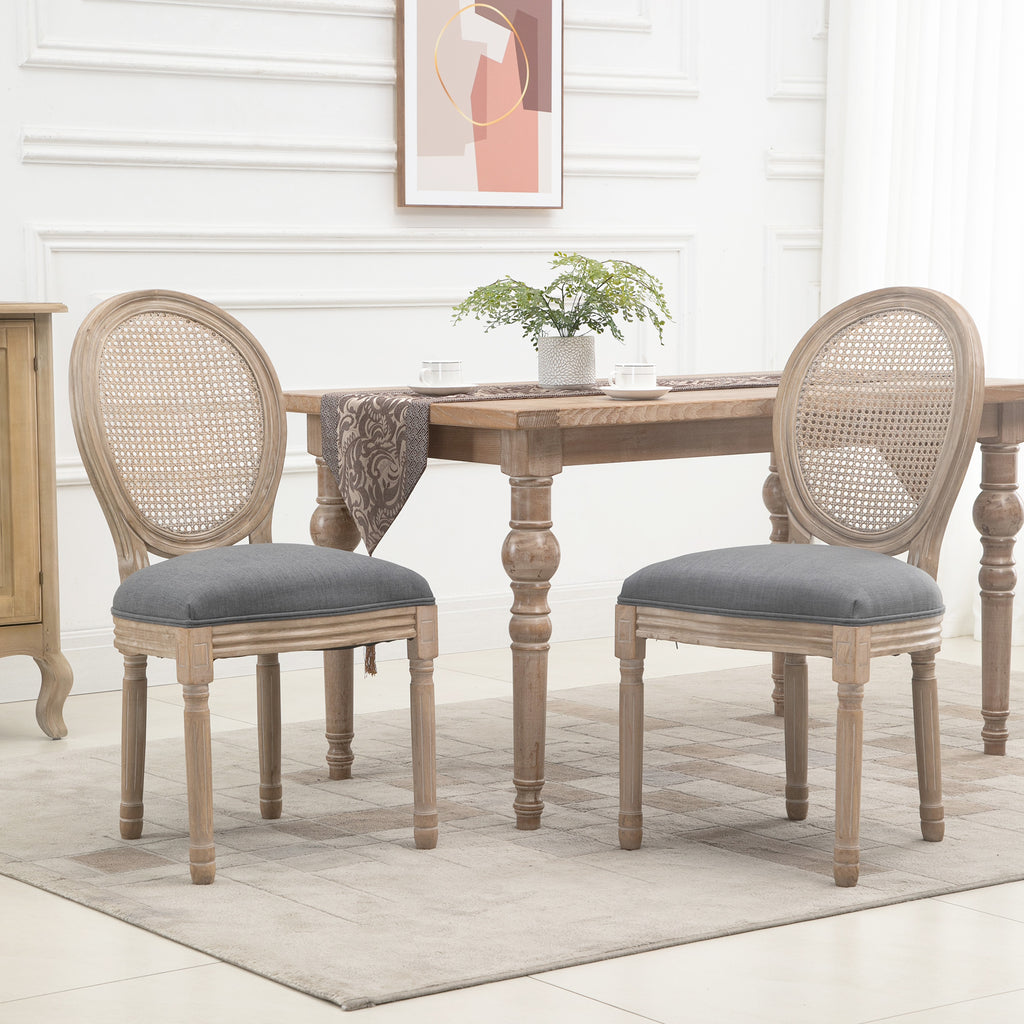 French-Style Upholstered Dining Chair Set, Armless Accent Side Chairs with Rattan Backrest and Linen-Touch Upholstery, Set of 2, Grey