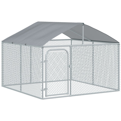 Dog Kennel Outdoor Heavy Duty Playpen with Galvanized Steel Secure Lock Mesh Sidewalls and Waterproof Cover for Backyard & Patio