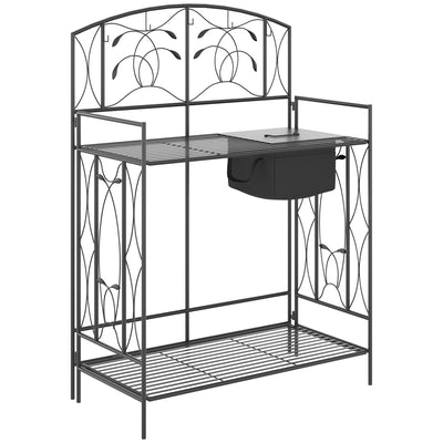 Folding Potting Bench Table, Metal Garden Workstation, Work Bench with Large Built-in Bag with Cover, 5 Hanging Hooks & Storage Shelf, Leaf Pattern