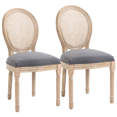 French-Style Upholstered Dining Chair Set, Armless Accent Side Chairs with Rattan Backrest and Linen-Touch Upholstery, Set of 2, Grey