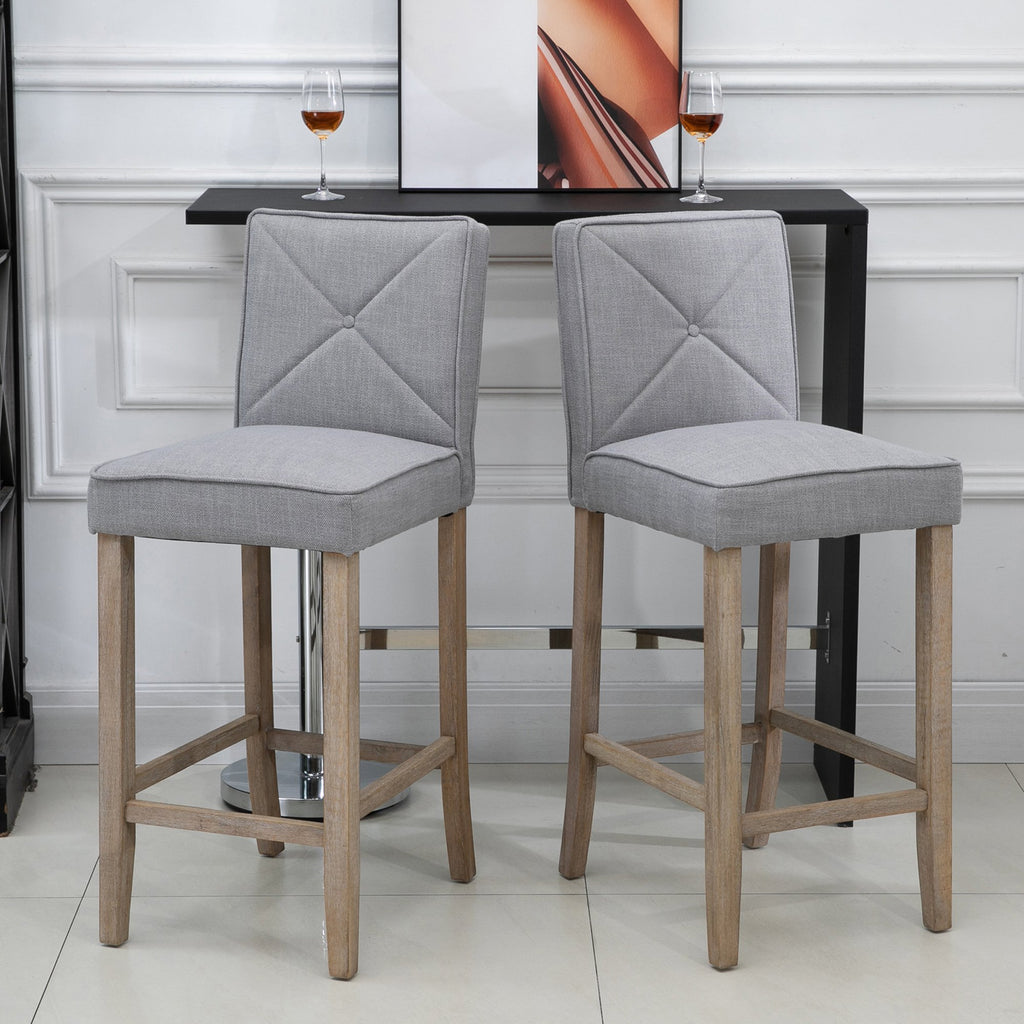 Modern Bar Stools Set of 2, Upholstered Barstools Kitchen Island Chair with Build-In Footrest, Solid Wood Legs, Grey