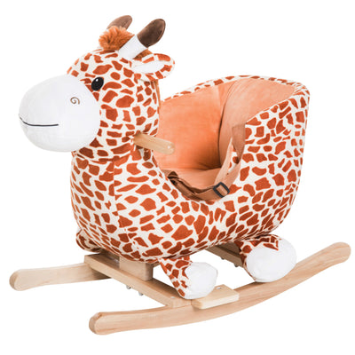 Kids Brown Plush Rocking Horse-Style Plush Animal on Wooden Rockers Giraffe Themed Ride-On Chair Toy with Sound