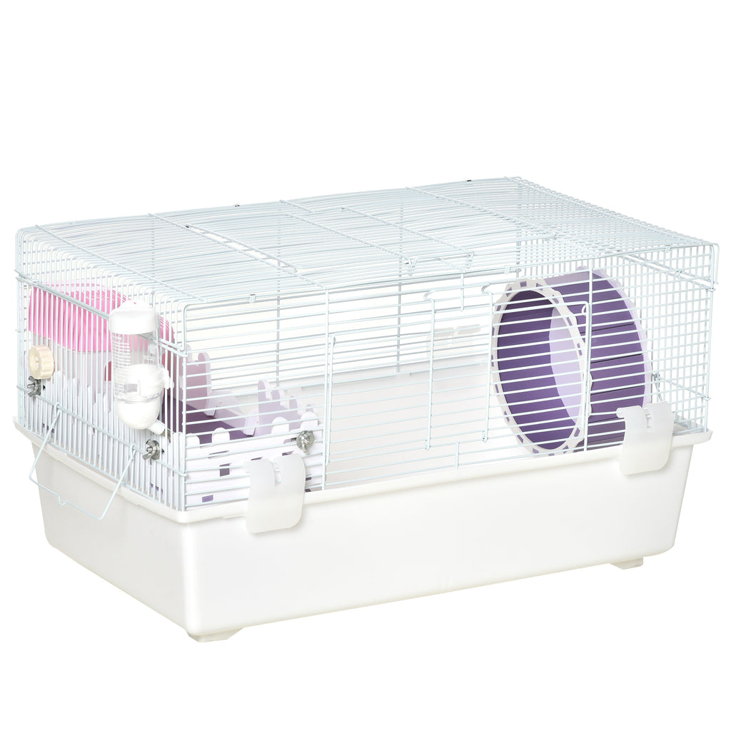 2 Tier Hamster Cage Gerbil Haven Multi-Storey Rodent House Small Animal Habitat with Water Bottle, Excise Wheel, Ladder, Hut, White
