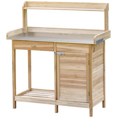 Potting Bench Table with Storage Cabinet and Open Shelf, Garden Planting Workstation with Steel Tabletop, Natural Wood