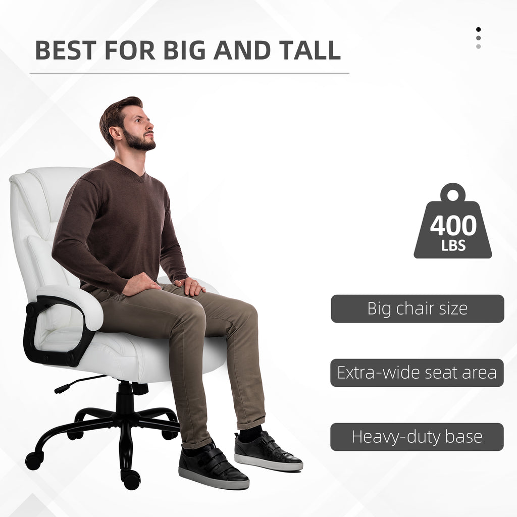 400lbs Big and Tall Office Chair with Wide Seat, Ergonomic Executive Computer Chair with Swivel Wheels and Faux Leather, White
