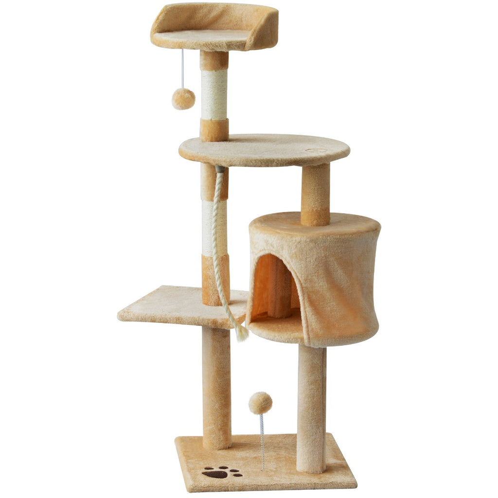 45" Plush Sturdy Interactive Cat Condo Tower Scratching Post Modern Cat Tree House - Beige / White