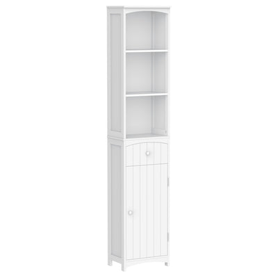 Slim Bathroom Storage Cabinet, Freestanding Linen Cabinet with Knob, Stripe Pattern and 3 Open Shelves, 1 Drawer, Bath Room Cabinet, White