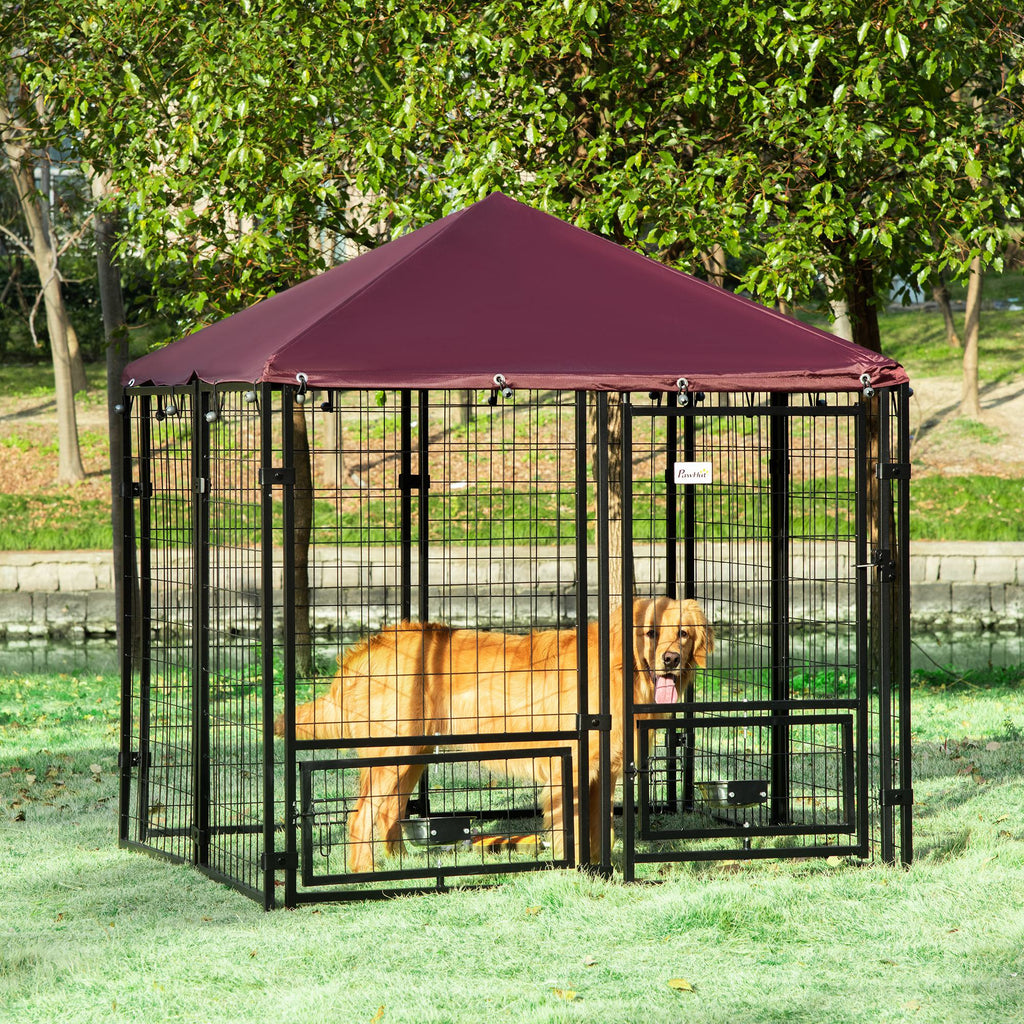 Indoor/Outdoor Metal Dog Kennel, Dog House with Lock, Weather Resistant Canopy and 2 Bowl Holders and Bowls, 4.6' x 4.6' x 5', Black / Red