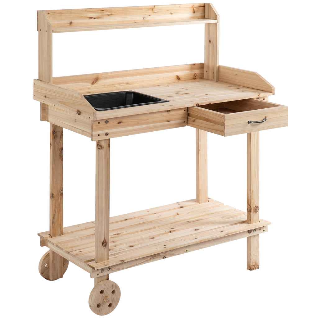 36'' Wooden Potting Bench Work Table with 2 Removable Wheels, Sink, Drawer & Large Storage Spaces, Natural