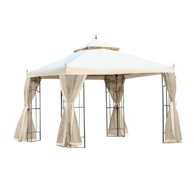 10' x 10' Steel Outdoor Patio Gazebo Canopy with Removable Mesh Curtains, Display Shelves, & Steel Frame, Cream White