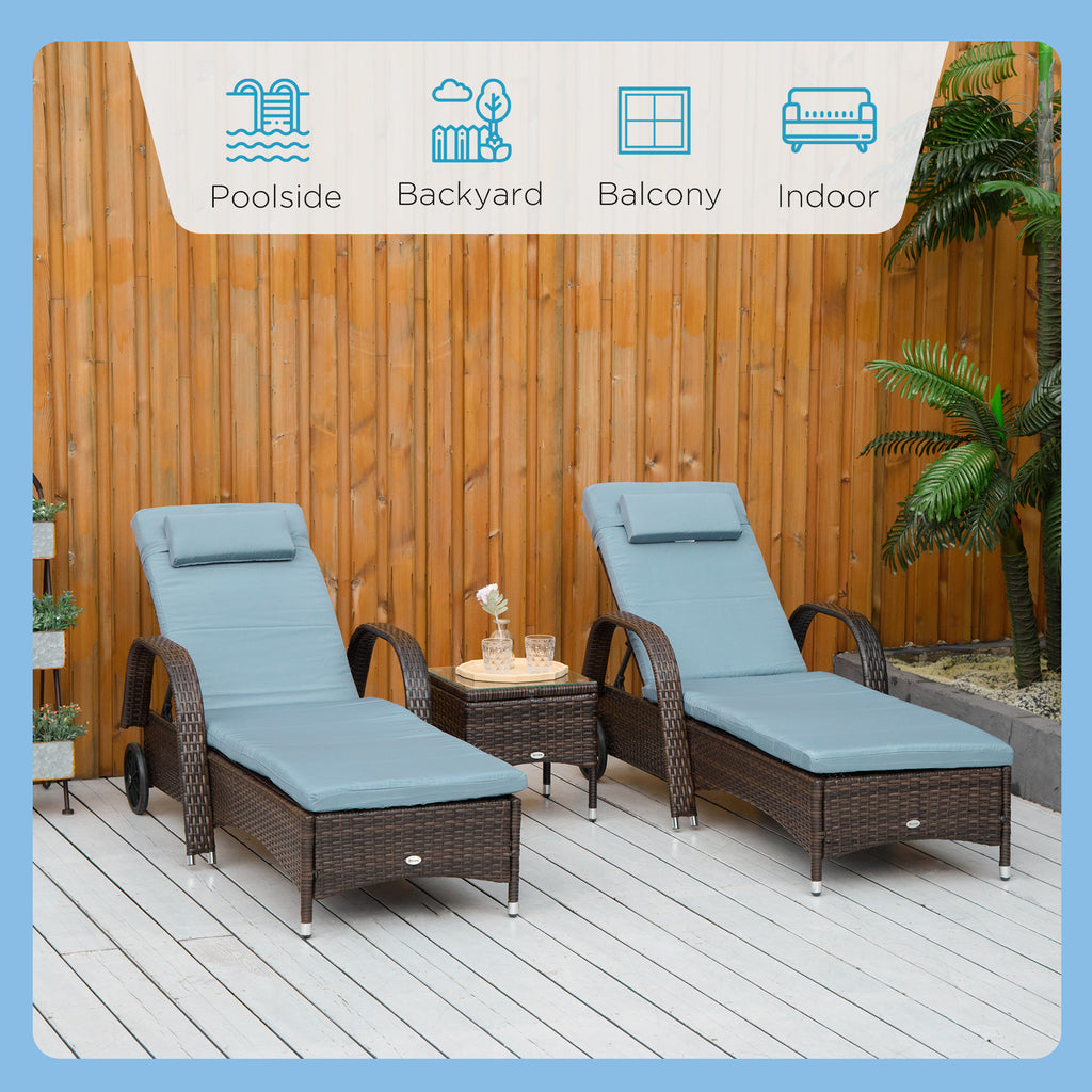 3 Pieces Patio Wicker Chaise Lounge Chair Set Adjustable PE Rattan Cushioned Lounge set with Armrests, Side Table & Moving Wheels, Brown/Blue