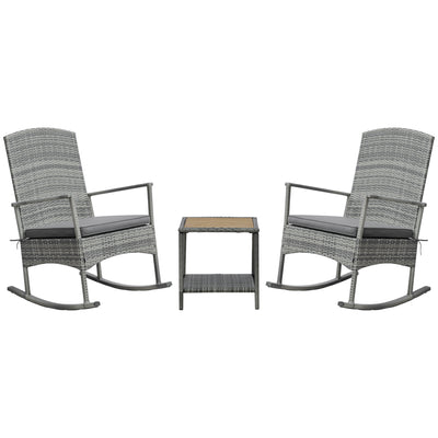 3 Pieces Outdoor PE Rattan Rocking Chair Set, Patio Wicker Recliner Rocker Chair with Soft Cushion & Coffee Table, for Porch, Grey