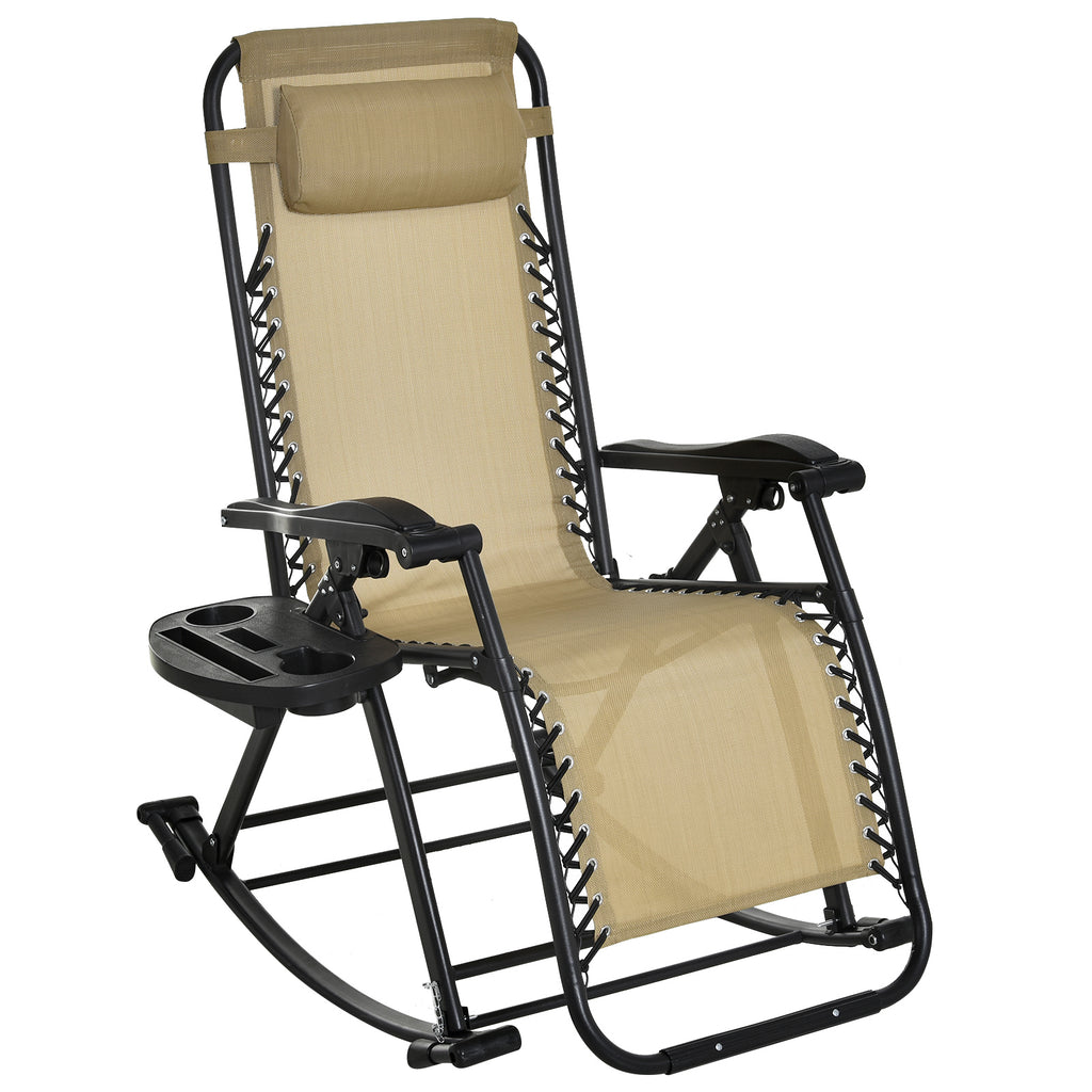 Outdoor Rocking Chairs Zero Gravity Rocking Chair w/ Removable Headrest, Side Tray, Cup & Phone Holder, Beige