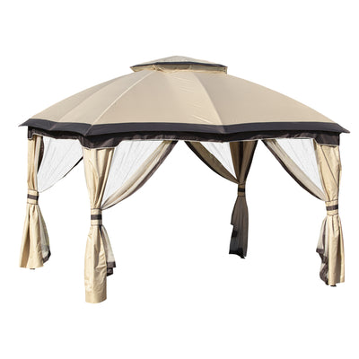 10' x 12' Outdoor Gazebo, Patio Gazebo Canopy Shelter w/ Double Vented Roof, Zippered Mesh Sidewalls, Solid Steel Frame, Beige