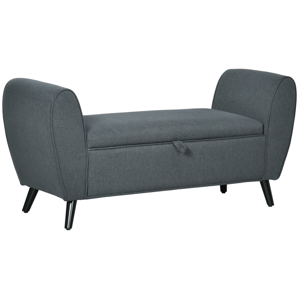 Modern Upholstered Storage Bench with Arms, Linen-Feel Fabric Ottoman Bench for Bedroom, Entryway, and Living Room, Dark Grey