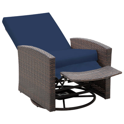 Patio Wicker Recliner Chair with Footrest, Outdoor PE Rattan 360Â°Swivel Chair with Soft Cushion, Lounge Chair for Patio, Dark Blue