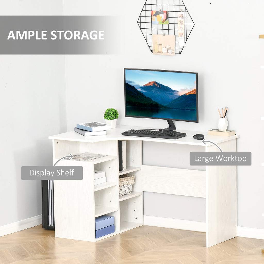 L-Shaped Corner Home Office Computer Desk, Study Table PC Workstation with Storage Shelf, Space Saving, White Wood Grain