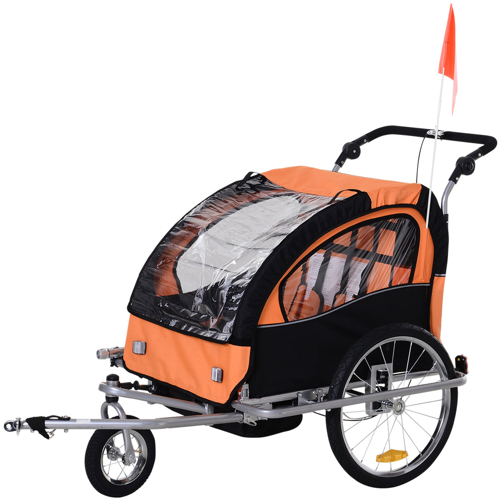 2-Seat Kids Bicycle Trailer 55lbs Steel w/ Water Resistant Carrier Windows - Black and Orange