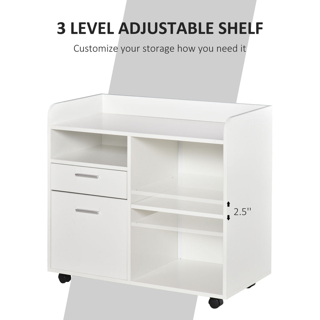 Filing Cabinet Printer Stand Mobile Lateral File Cabinet with 2 Drawers, 3 Open Storage Shelves for Home Office Organization, White