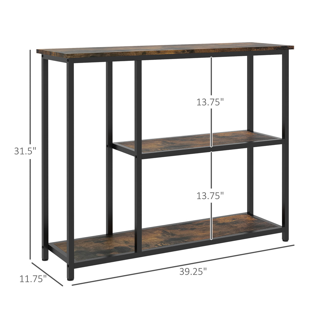 39" Console Table, Entryway Table with 2 Storage Shelves, Steel Frame, Narrow Sofa Table for Living Room, Brown
