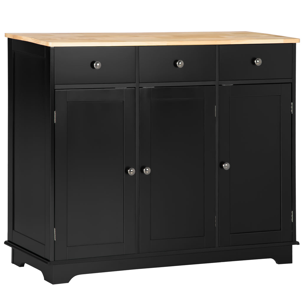 Modern Sideboard Buffet with Rubberwood Top, Buffet Cabinet with 3 Drawers, 3 Cabinets and Adjustable Shelves for Kitchen, Buffet Table, Black
