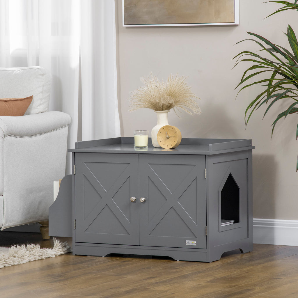 Hidden Litter Box Enclosure Cat Washroom Furniture with Storage, Adjustable Divider, Indoor Pet House Side Table, Grey
