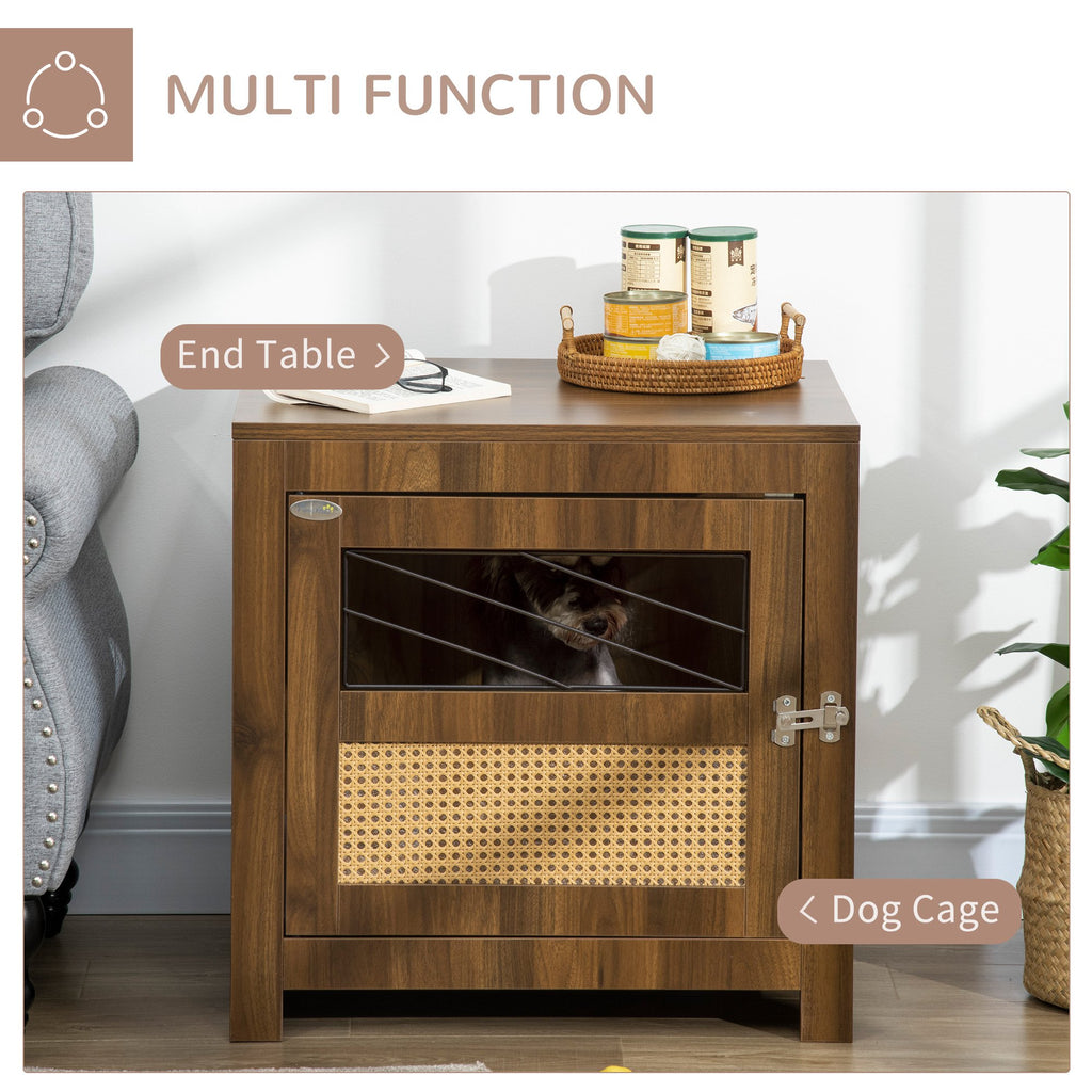 Dog Crate Furniture with Cushion, Wooden Dog Kennel End Table with Lockable Door, for Miniature Dogs, Indoor, Walnut