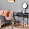 Modern Glasstop Vanity Table with Mirror,  Makeup Dressing Table with Rotating Round Mirror, Shelves for Perfumes, Cosmetics, Lotions, Black