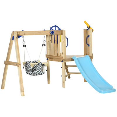 3 in 1 Wooden Swing Set with Slide, Baby Swing Seat, Fort, Wheel, Telescope, Mailbox, 1.5-4 Years Old, for Playground Backyard Gym, 67