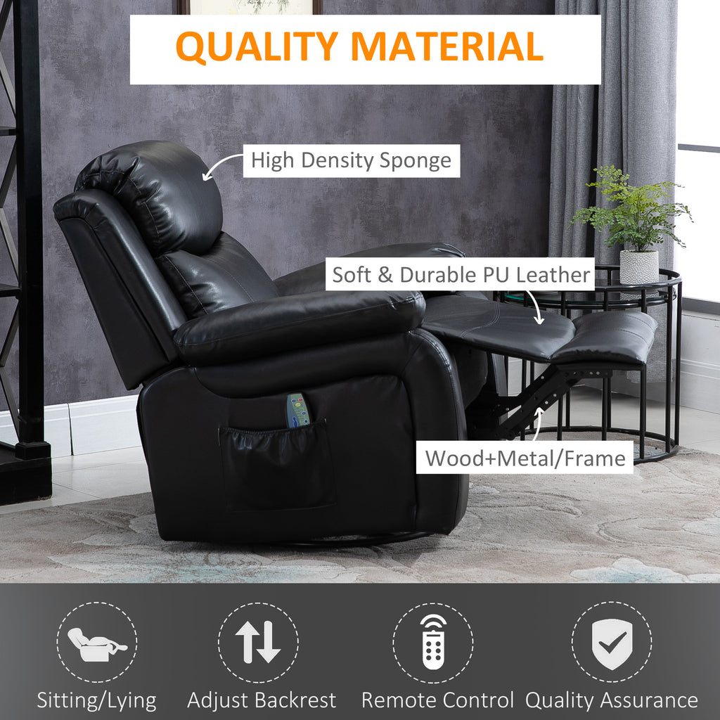 PU Leather Massage Recliner Chair, Swivel Rocker Sofa with Remote Control, Footrest, Padded Seat for Living Room, Bedroom, Black