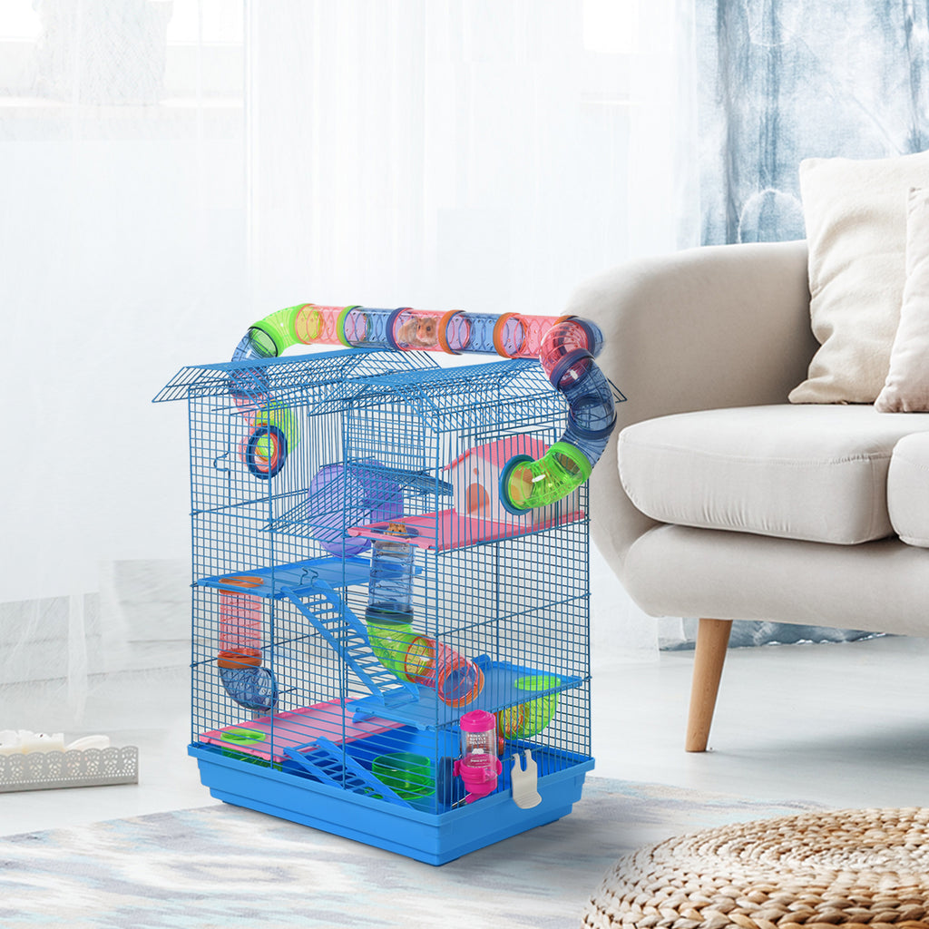 5 Tiers Hamster Cage Small Animal Rat House Mice Mouse Habitat with Exercise Wheels, Tube, Water Bottles, and Ladder, Blue